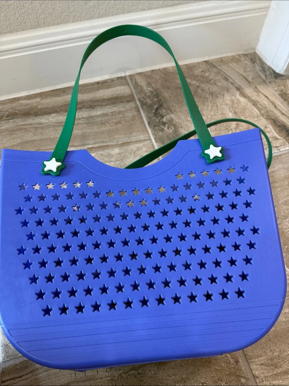 Blue Star-Pattern Tote Bag with Green Straps